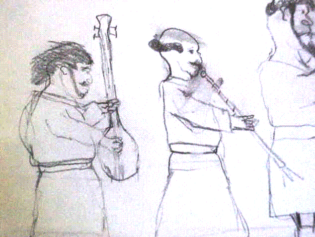 drawing of men playing instruments